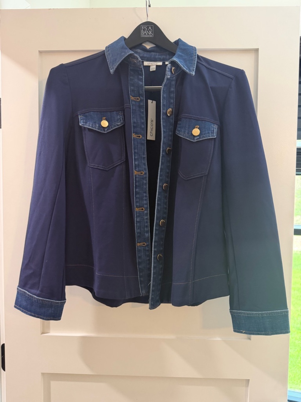 NWT Chico's Navy Jacket with Denim Trim and Gold Buttons